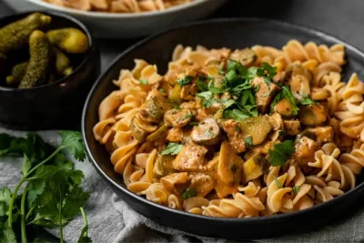 Tempeh s dijonskou omáčkou, těstoviny